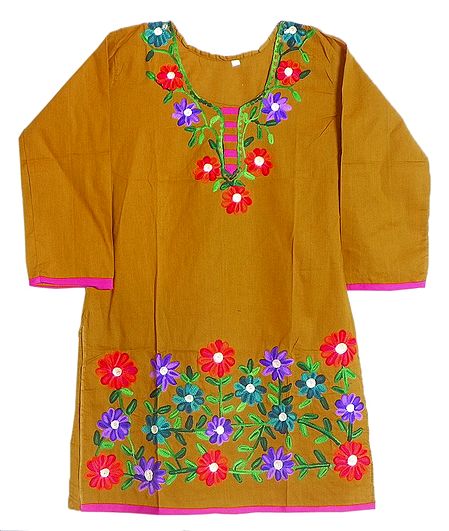 Chrome yellow Top with Floral Ari Embroidery on Neckline and Border