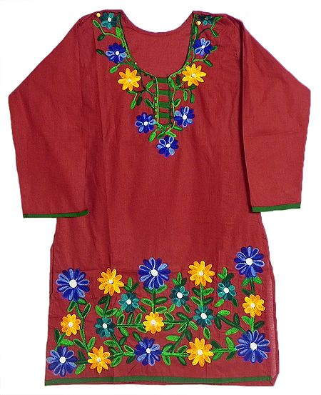 Dark Red Top with Floral Ari Embroidery on Neckline and Border