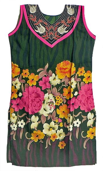 Multicolor Floral Print on Dark Green Sleeveless Top with Embroidered Neckline