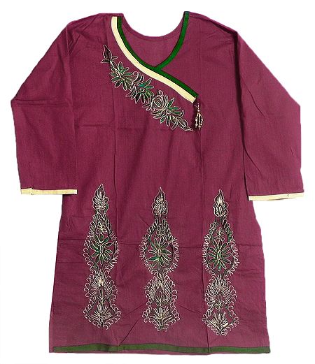 Maroon Achkan Style Kurti with Zari and Green Thread Embroidery on Neckline and Border