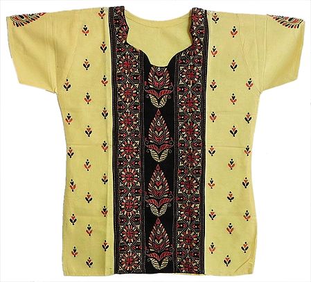 Kantha Stitch Short Kurti in Light Yellow with Black Front