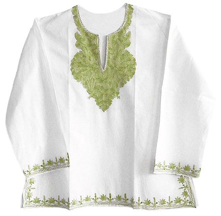 White Short Kurta with Light Green Embroidery