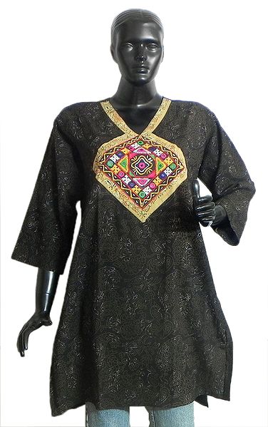 Black Ladies Top with Kachchi Stitch Multicolor Hand Embroidery
