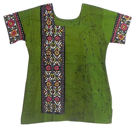 Green and Black Batik Painted Kurta with Kantha Stitch Embroidery