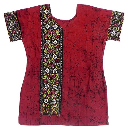 Red and Black Batik Painted Kurta with Kantha Stitch Embroidery