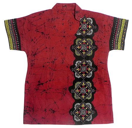Red and Black Batik Painted Kurta with Kantha Stitch Embroidery