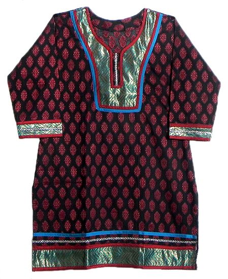Black Kurti with Red Woven Flower and Zari Border