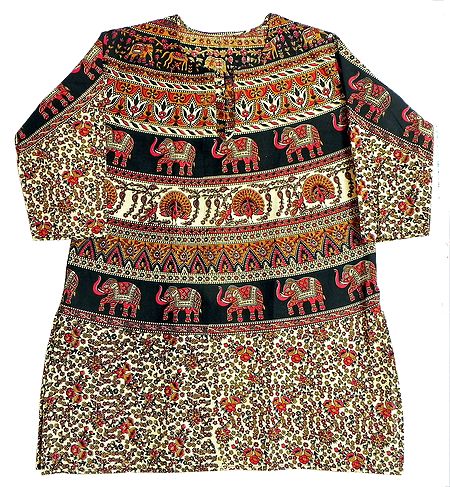 Red, Yellow and Black Flower, Elephant and Peacock Print on Off-White Kurta