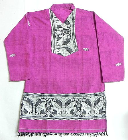 Dark Pink Full sleeve Kurta with Baluchari Weaved Design