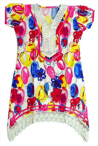 Multicolor Print on White Top with Net Border and Sleeves