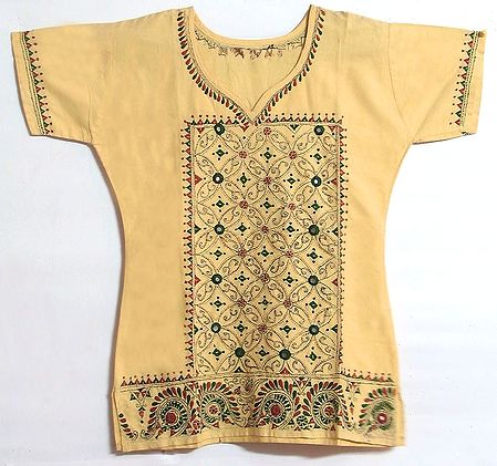 Light Yellow Short Kurti with Embroidery and Mirrorwork
