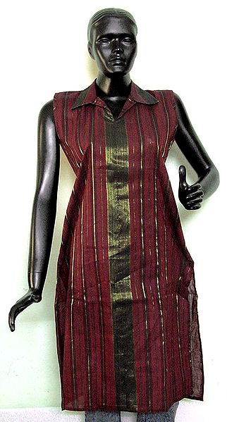 Maroon Middle Length Cotton Kurta with Black and Golden Vertical Stripe