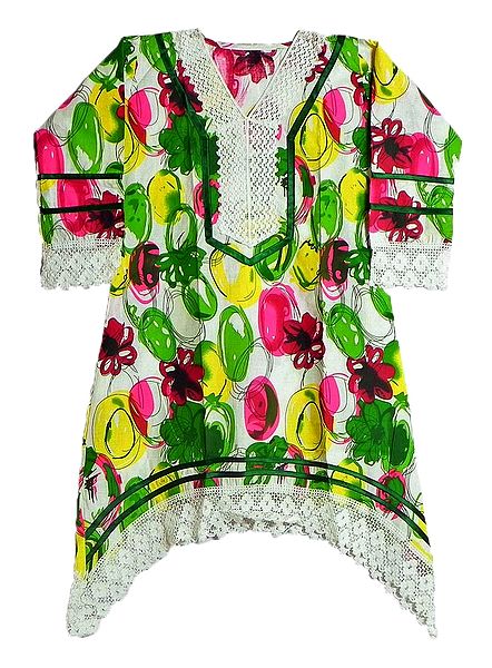 Multicolor Print on White Top with Net on Border and Sleeves