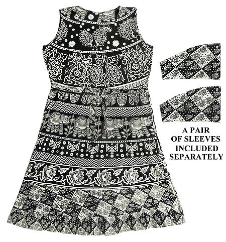 Black and White Sanganeri Print Dress with a Pair of Additional Unstitched Sleeves