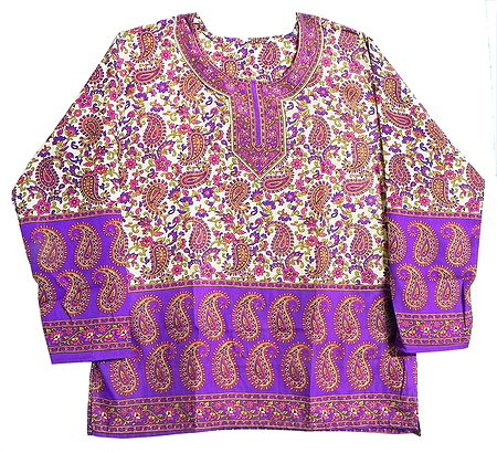 Mauve Paisley Design Print on Off-White Synthetic Top