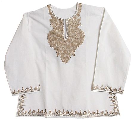 White Short Kurta with Light Brown and Dark Brown Embroidery