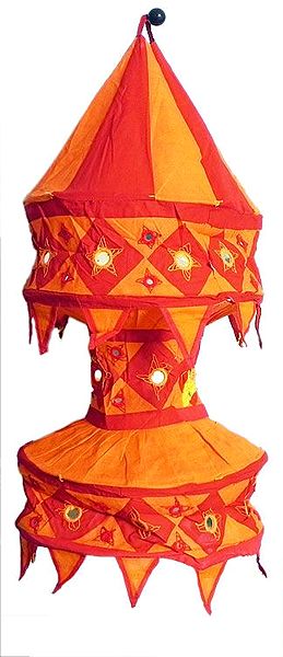 Red with Saffron Appliqued and Mirrorwork Foldable Hanging Lamp Shade