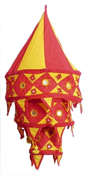 Yellow with Red Appliqued and Mirrorwork Foldable Hanging Cloth Lamp Shade