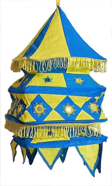 Yellow with Cyan Blue Appliqued and Mirrorwork Foldable Hanging Cloth Lamp Shade