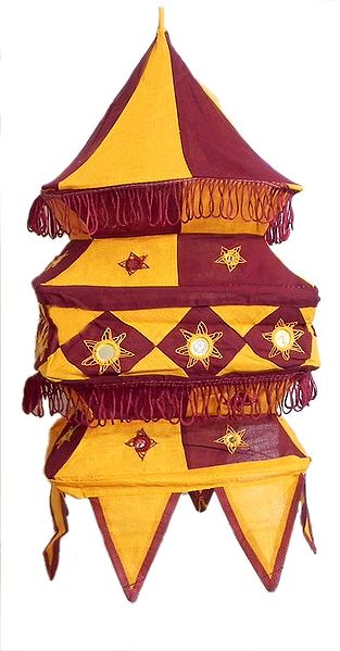 Chrome Yellow with Maroon Appliqued and Mirrorwork Foldable Hanging Cloth Lamp Shade