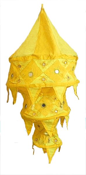 Yellow with Light Saffron Appliqued and Mirrorwork Foldable Hanging Cloth Lamp Shade