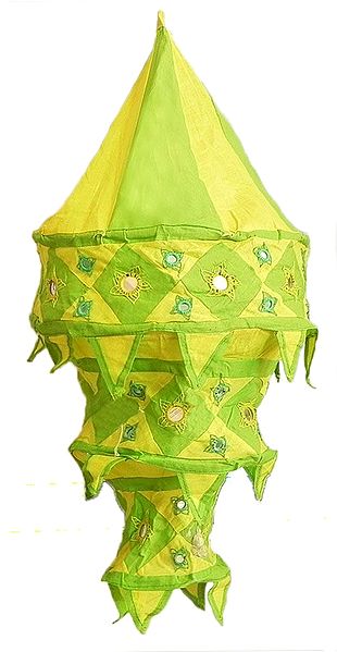 Yellow with Light Green Appliqued and Mirrorwork Foldable Hanging Cloth Lamp Shade