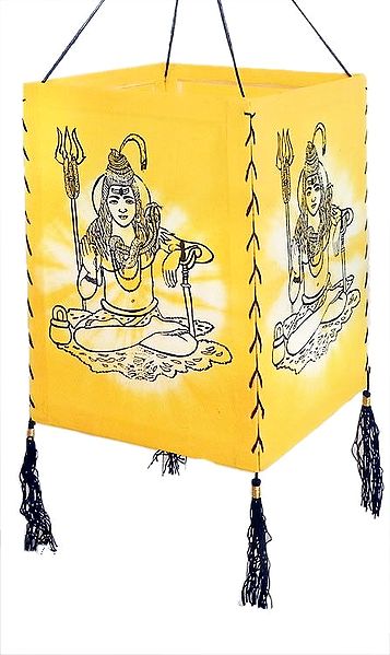 Hanging Tie and Dye Foldable Yellow Lamp Shade with Hand Painted Shiva