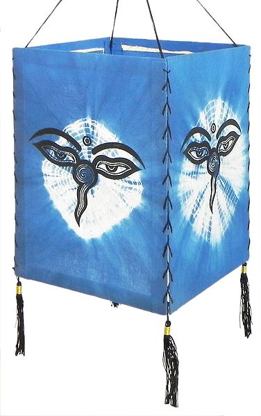 Hanging Tie and Dye Foldable Blue Lamp Shade with Hand Painted Eyes of Shiva