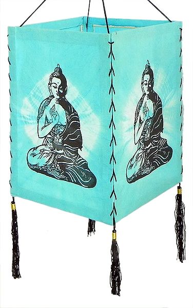 Hanging Tie and Dye Foldable Cyan Blue Lamp Shade with Hand Painted Buddha