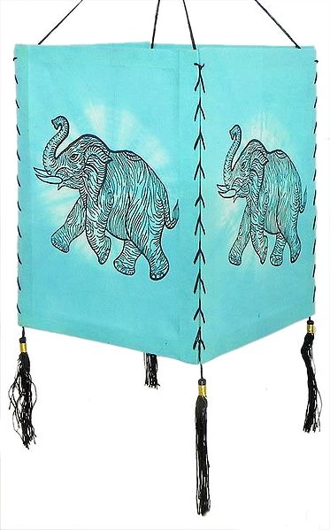 Hanging Tie and Dye Foldable Cyan Blue Lamp Shade with Hand Painted Elephant