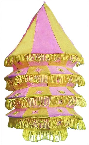 Yellow with Pink Appliqued and Mirrorwork Foldable Hanging Cloth Lamp Shade