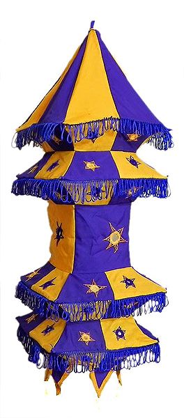 Yellow with dark Blue Appliqued and Mirrorwork Foldable Hanging Cloth Lamp Shade