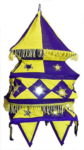 Yellow with Dark Purple Appliqued and Mirrorwork Foldable Hanging Cloth Lamp Shade