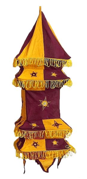 Maroon with Dark Yellow Appliqued and Mirrorwork Foldable Hanging Cloth Lamp Shade
