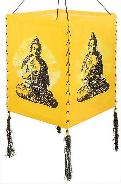 Hanging Tie and Dye Foldable Yellow Lamp Shade with Hand Painted Buddha