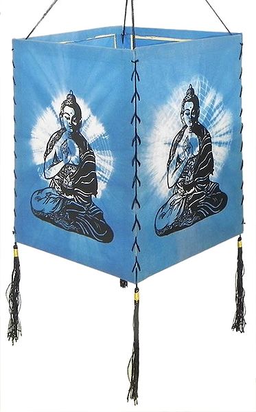 Hanging Tie and Dye Foldable Blue Lamp Shade with Hand Painted Buddha