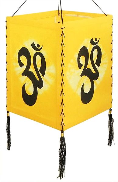 Hanging Tie and Dye Foldable Yellow Lamp Shade with Hand Painted Om