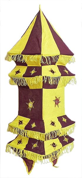 Maroon with Yellow Appliqued and Mirrorwork Foldable Hanging Cloth Lamp Shade