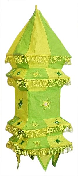 Light Green with Yellow Appliqued and Mirrorwork Foldable Hanging Cloth Lamp Shade
