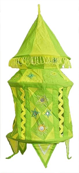 Light Green with Yellow Appliqued and Mirrorwork Foldable Hanging Cloth Lamp Shade