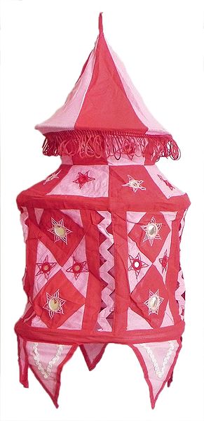Pink with Red Appliqued and Mirrorwork Foldable Hanging Cloth Lamp Shade