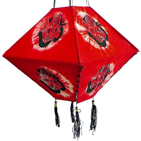 Hanging Tie and Dye Foldable Red Lamp Shade with Hand Painted Om with Ganesha