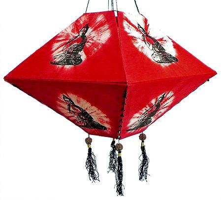 Hanging Tie and Dye Foldable Red Lamp Shade with Hand Painted Buddha