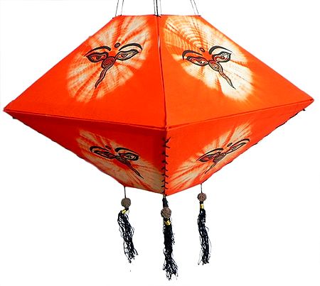 Hanging Tie and Dye Foldable Saffron Lamp Shade with Hand Painted Shiva