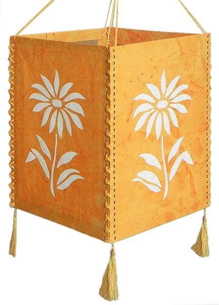 Hanging Yellow Foldable Lamp Shade with White Paper Cut Out Flower