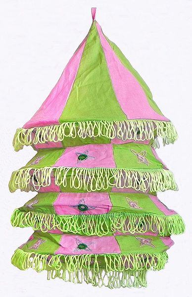 Light Green with Pink Appliqued and Mirrorwork Foldable Hanging Cloth Lamp Shade