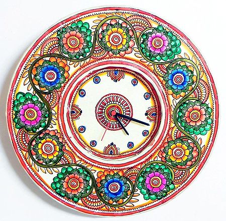 Leather Wall Clock with Colorful Hand Painted Flower Design