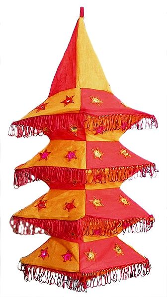 Yellow with Red Appliqued and Mirrorwork Foldable Hanging Cloth Lamp Shade