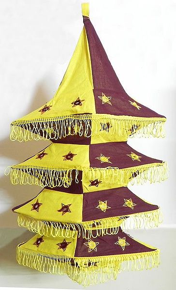 Yellow with Dark Maroon Appliqued and Mirrorwork Foldable Hanging Cloth Lamp Shade