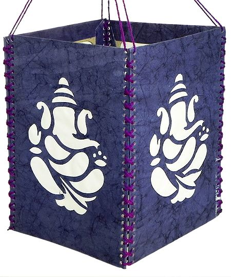 Hanging Blue Foldable Lamp Shade with White Paper Cut Out Ganesha